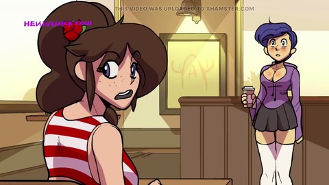 Barista MILF in carne con enormi seni che allattano in una parodia cartone animato
