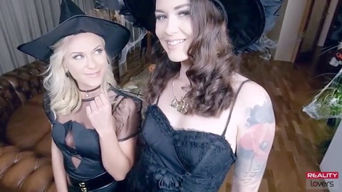 Cowgirl threesome, reality blowjob, halloween party blowjob