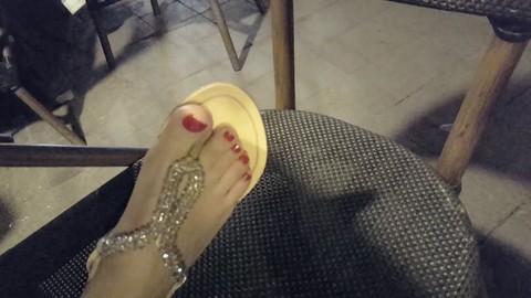 Girlfriend flaunts her sexy pedicured feet and toes in new sandals at a cafe, putting on a toe-tally hot show for manubisex foot fetishists!