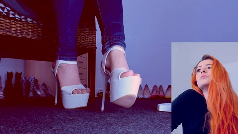 Fetiche seductor de pies en varios idiomas con tacones altos y uñas blancas