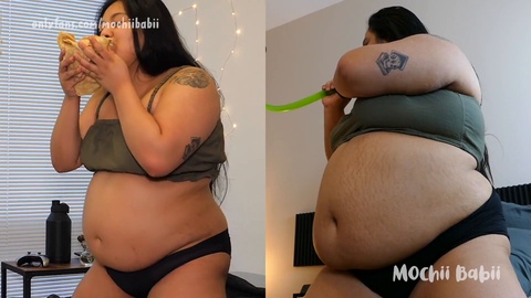 Bbw comparison, stuffed belly burp, bloated belly