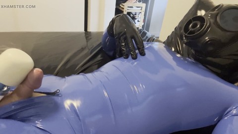 Asian amateur enjoys a blue rubber drone's cum-shot while using a Hitachi wand for masturbation